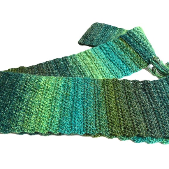 Green Scarf & Hat SET Extra Long Stripes Handmade Crochet Hand Knit Warm NWT - Picture 8 of 11